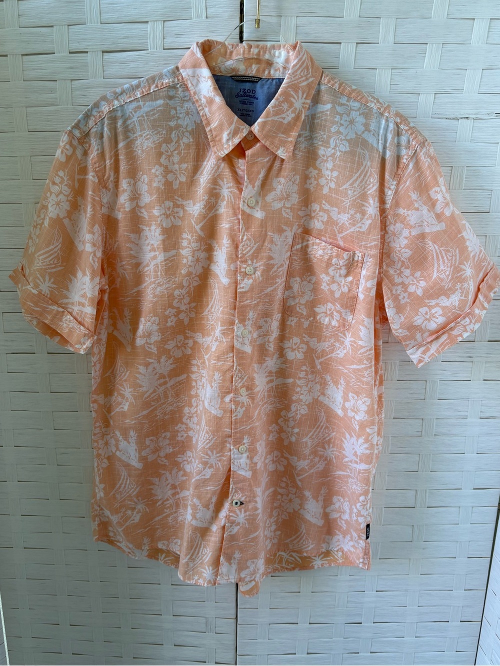 Izod Saltwater XL Cotton Peach Floral Short-Sleeve Button-Down Shirt Cruise
